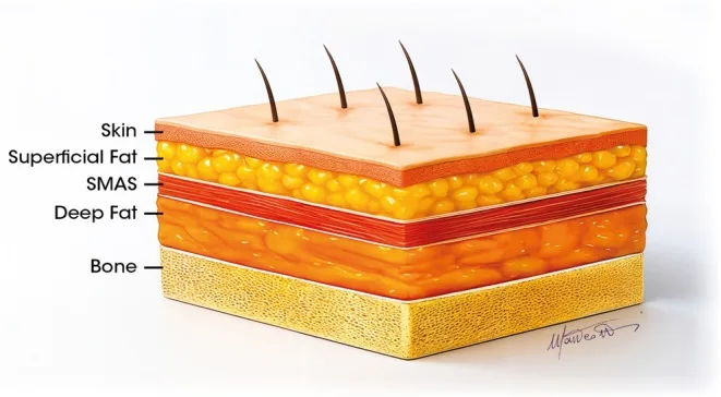 Camadas do terço médio — pele, gordura superficial, SMAS, gordura profunda e osso — figura de estudo — Dr. Thiago Perfeito