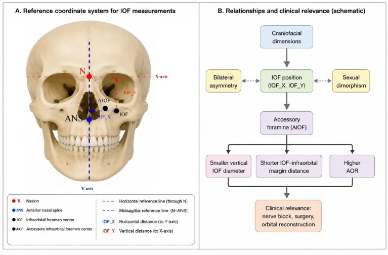 Sistema de coordenadas para localizar o forame infraorbital a partir do násio e da espinha nasal anterior — figura de estudo — Dr. Thiago Perfeito