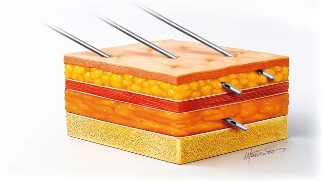 Esquema de bloco de tecido com cânulas posicionadas em três planos do terço médio — figura de estudo — Dr. Thiago Perfeito