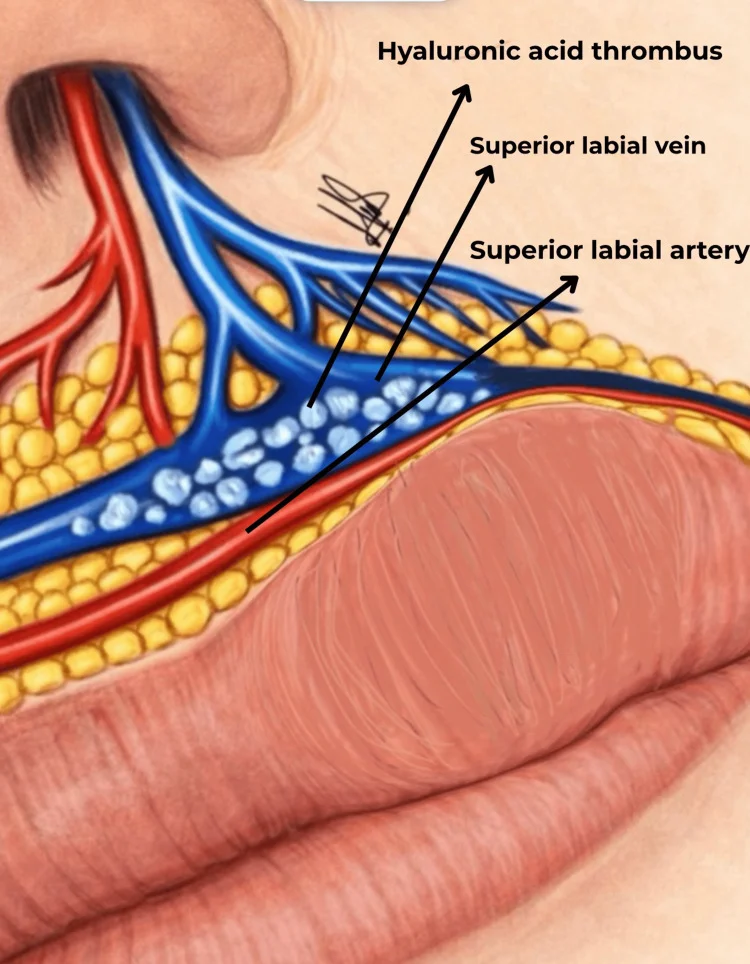 Ilustração da artéria e da veia labial superior com acúmulo de ácido hialurônico dentro da veia — Dr. Thiago Perfeito