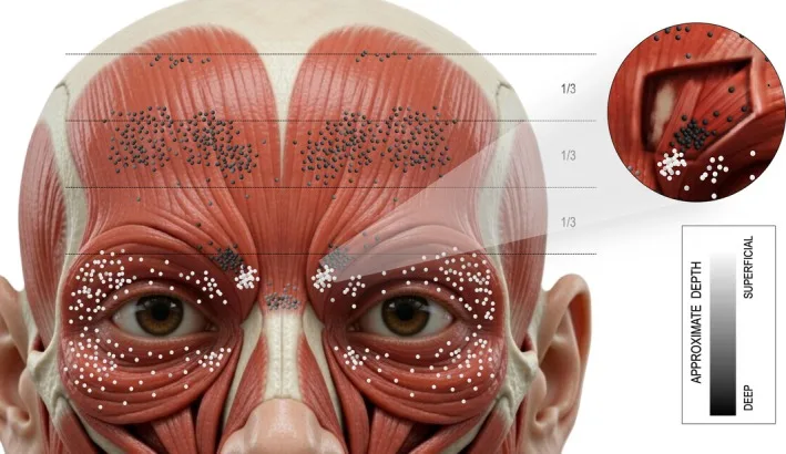 Mapa esquemático das zonas de junção neuromuscular do terço superior com profundidade — Dr. Thiago Perfeito