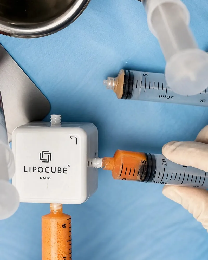 Dispositivo Lipocube Nano processando gordura em seringas no módulo corporal — Dr. Thiago Perfeito