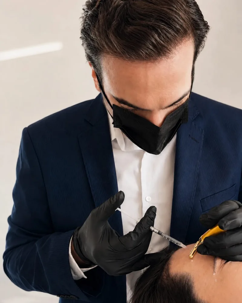 Dr. Thiago Perfeito em aplicação com seringa na região frontal — módulo de toxina e preenchimento — Dr. Thiago Perfeito