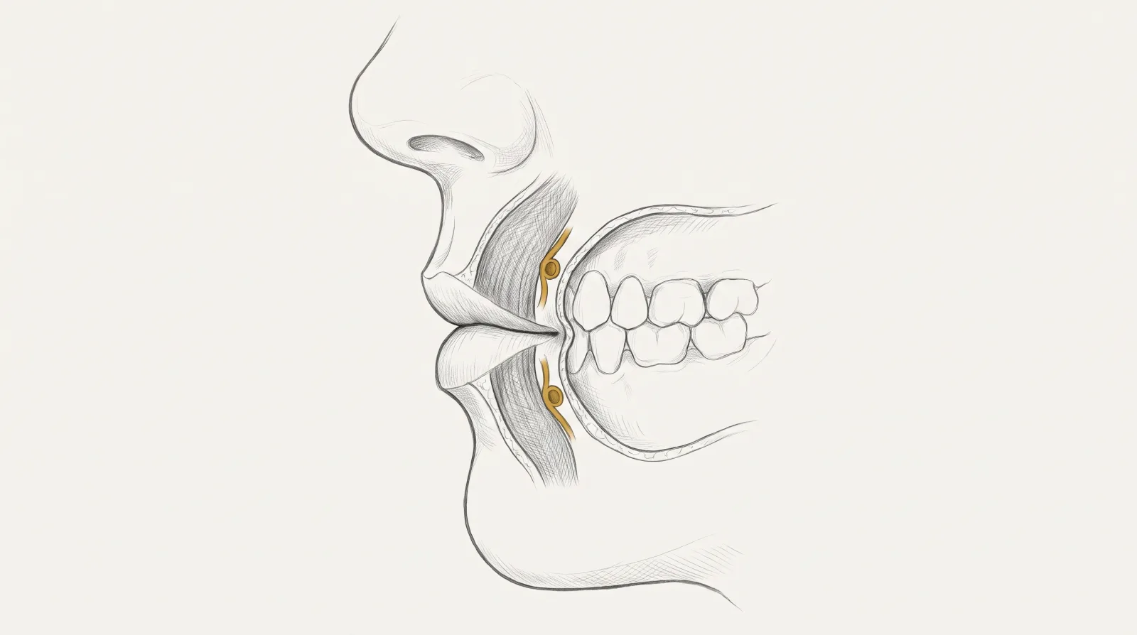 Corte sagital da boca com as artérias labiais entre o orbicular e a mucosa — Dr. Thiago Perfeito