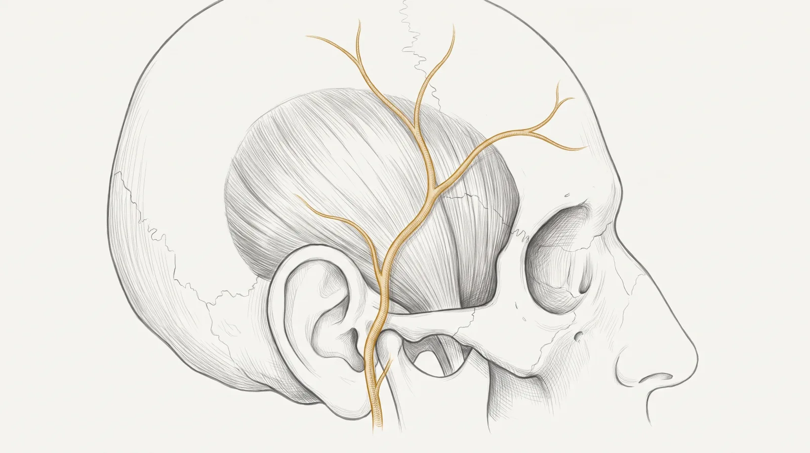 Artéria temporal superficial subindo diante da orelha e se dividindo em ramo frontal e parietal — Dr. Thiago Perfeito