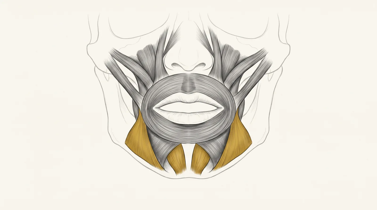 Orbicular da boca e músculos periorais em vista frontal — diagrama — Dr. Thiago Perfeito