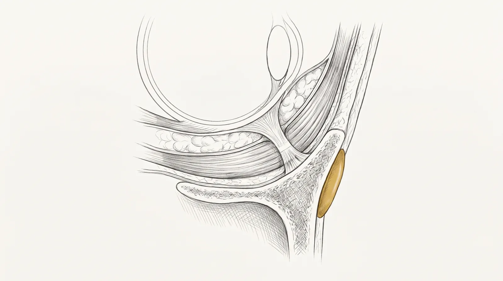Corte sagital da pálpebra inferior com depósito de preenchedor na face anterior da maxila, logo abaixo do rebordo orbital — Dr. Thiago Perfeito