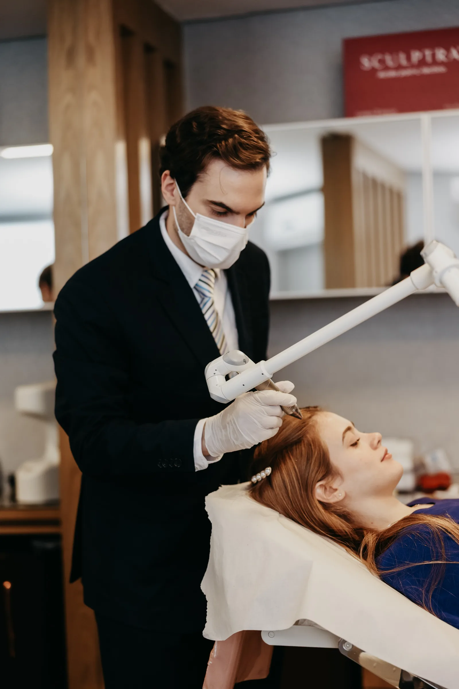 Laser capilar em Brasília — Dr. Thiago Perfeito aplicando o handpiece no couro cabeludo