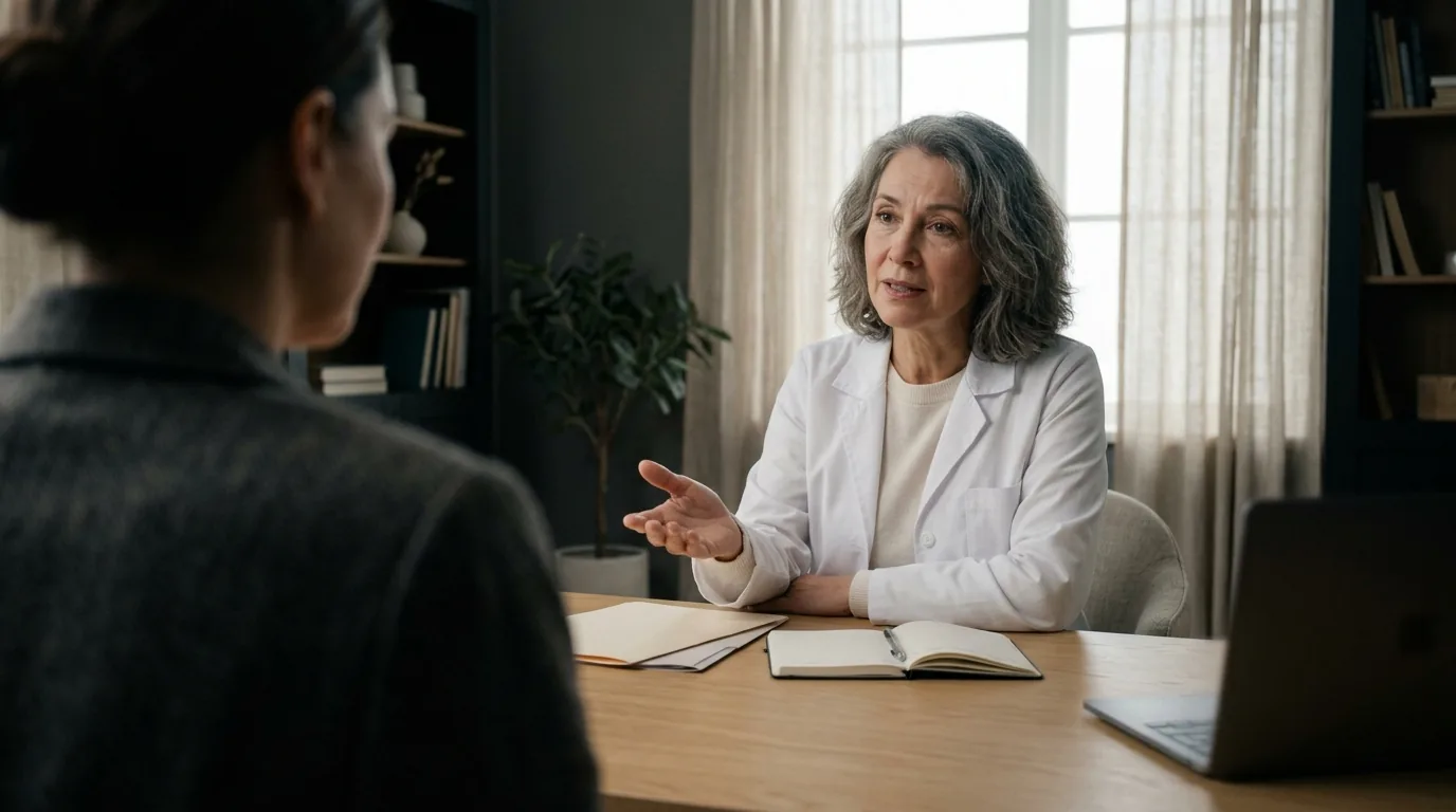 Médica conversa com paciente durante a consulta no consultório