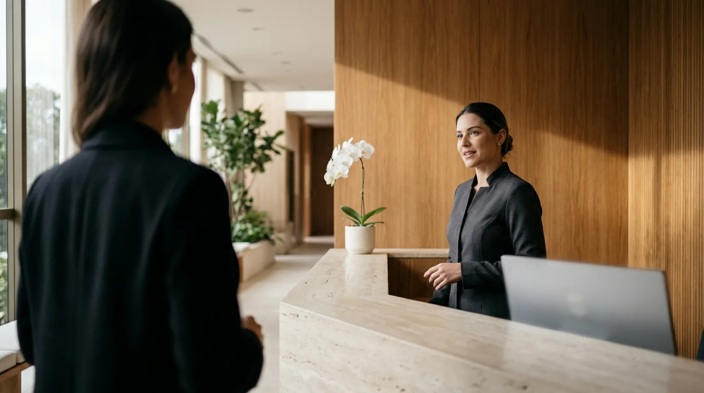 Recepcionista recebe paciente no balcão de travertino da recepção de uma clínica