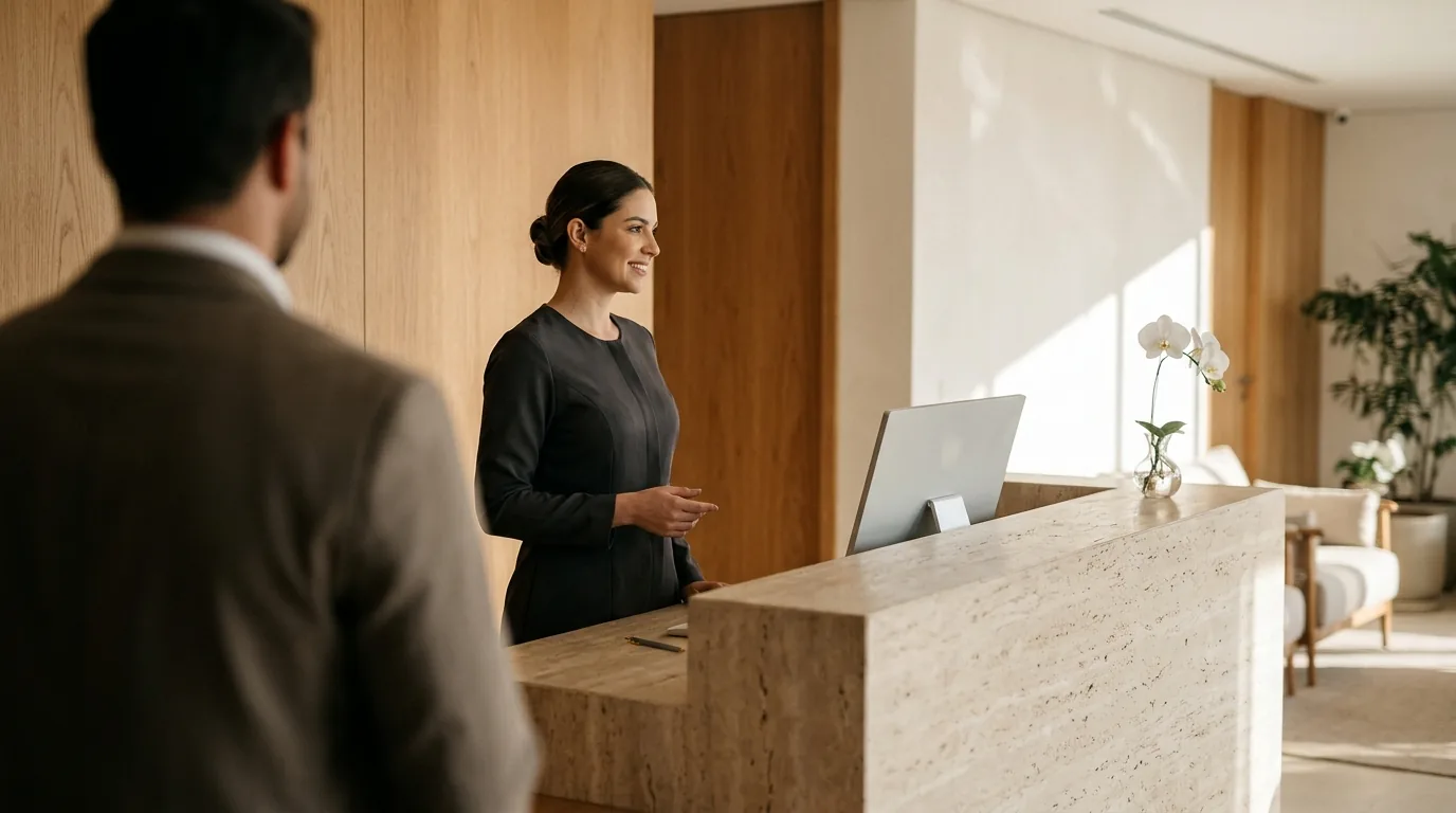 Recepcionista recebe paciente no balcão de travertino da recepção de uma clínica