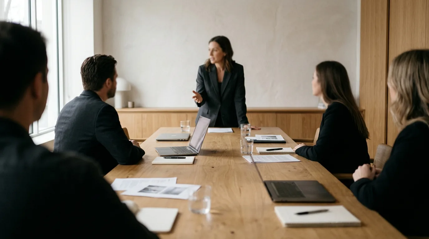 Dona de clínica conduz reunião de gestão com os gestores