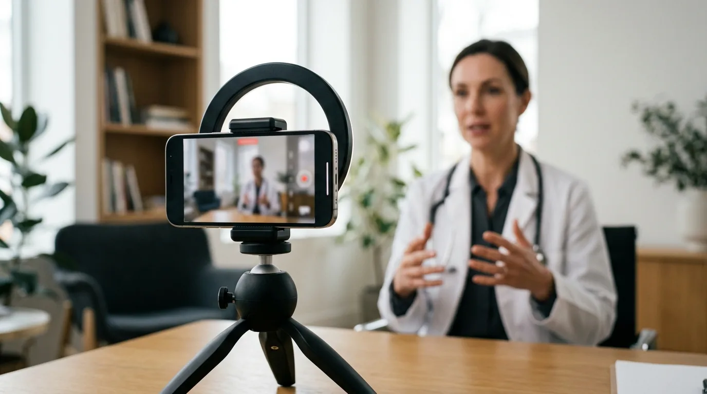 Celular no tripé grava vídeo de médica para as redes sociais da clínica