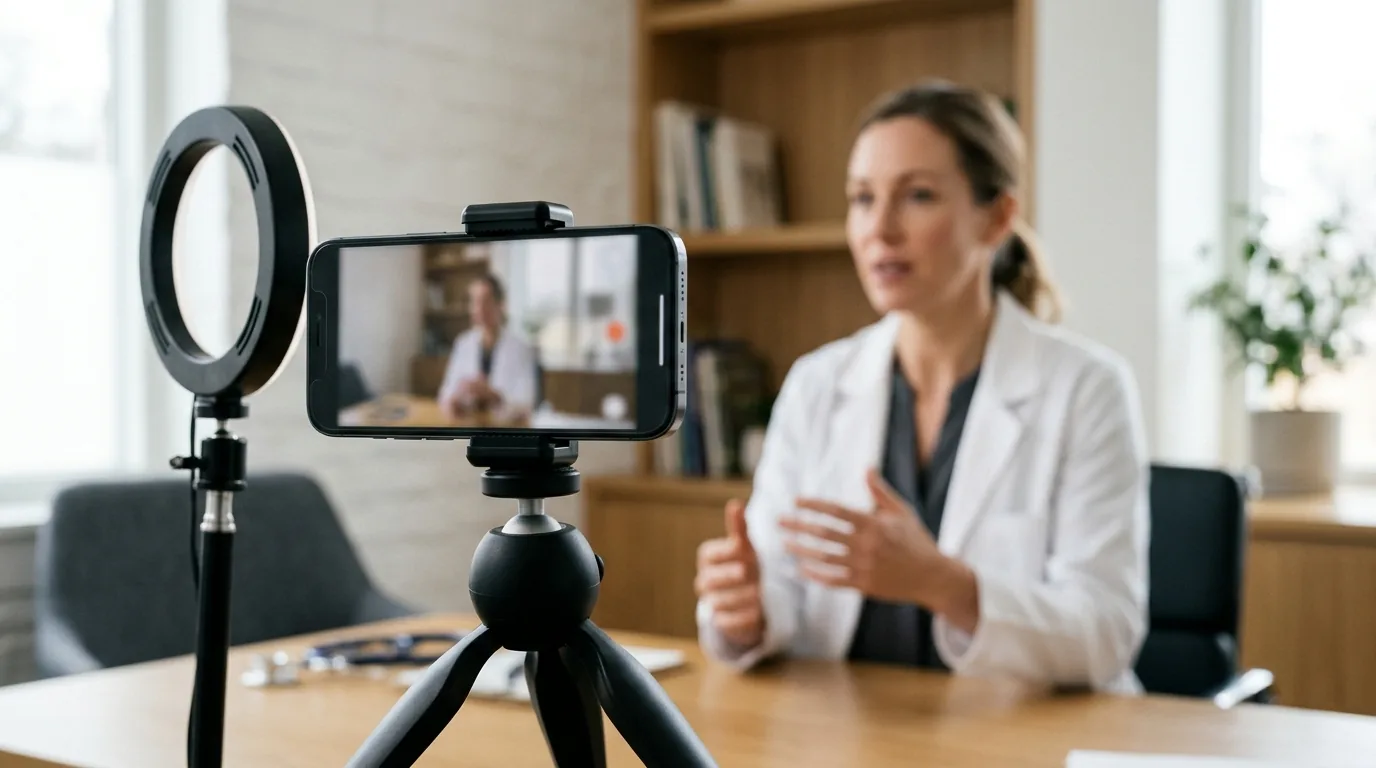 Celular no tripé grava vídeo de médica para as redes sociais da clínica