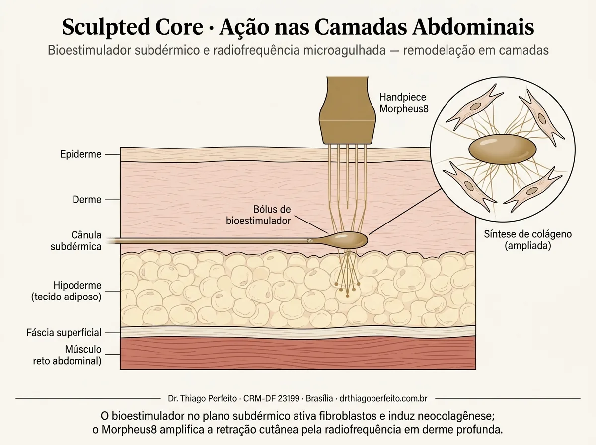 Camadas do abdome tratadas na definição abdominal em Brasília — bioestimulador subdérmico e Morpheus8
