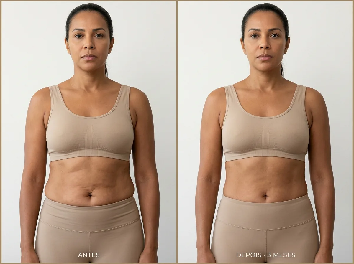 Resultado ilustrativo de Sofiderm corporal — composição editorial antes e depois. Imagem ilustrativa, não corresponde a paciente real.