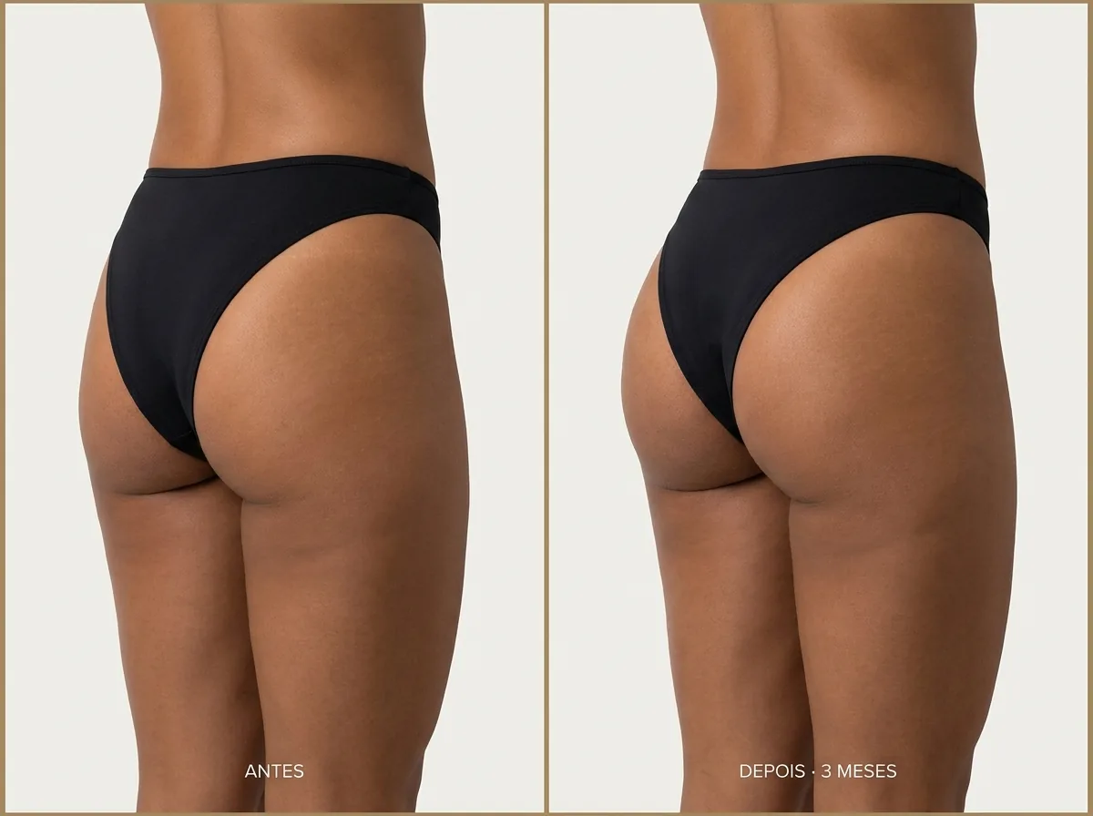 Antes e depois — resultado típico de Butt Lift Não Cirúrgico
