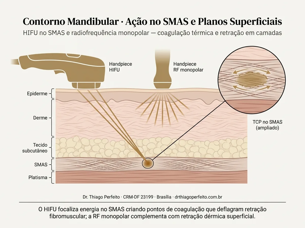 Diagrama anatômico de Defined Jawline — Protocolo mandibular — mecanismo de ação. Ilustração didática, Dr. Thiago Perfeito, CRM-DF 23199.