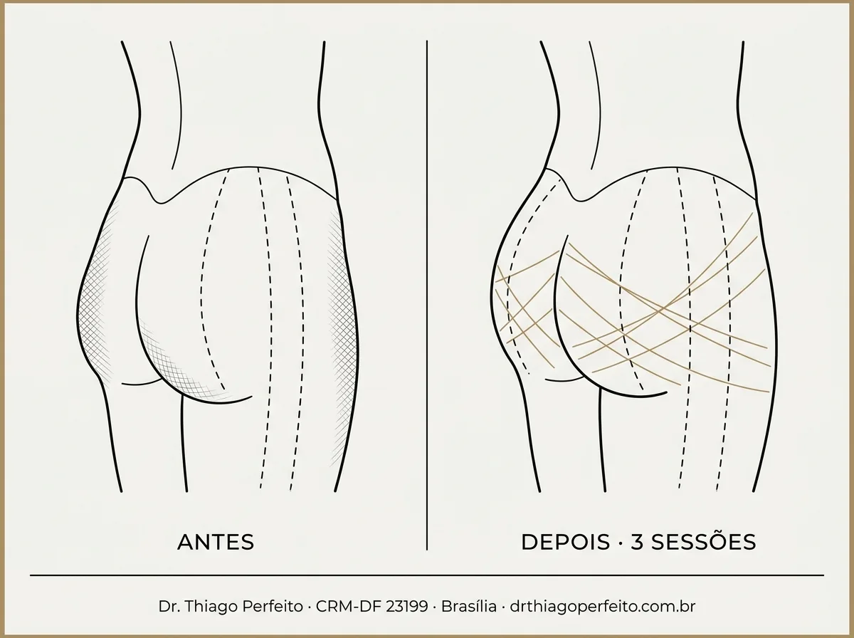 Resultado ilustrativo de UPmax glúteo — composição editorial antes e depois. Imagem ilustrativa, não corresponde a paciente real.
