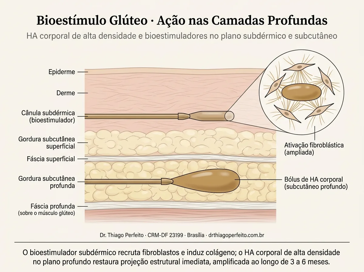 Camadas da região glútea e planos de aplicação de ácido hialurônico corporal e bioestimulador em Brasília — Dr. Thiago Perfeito, CRM-DF 23199