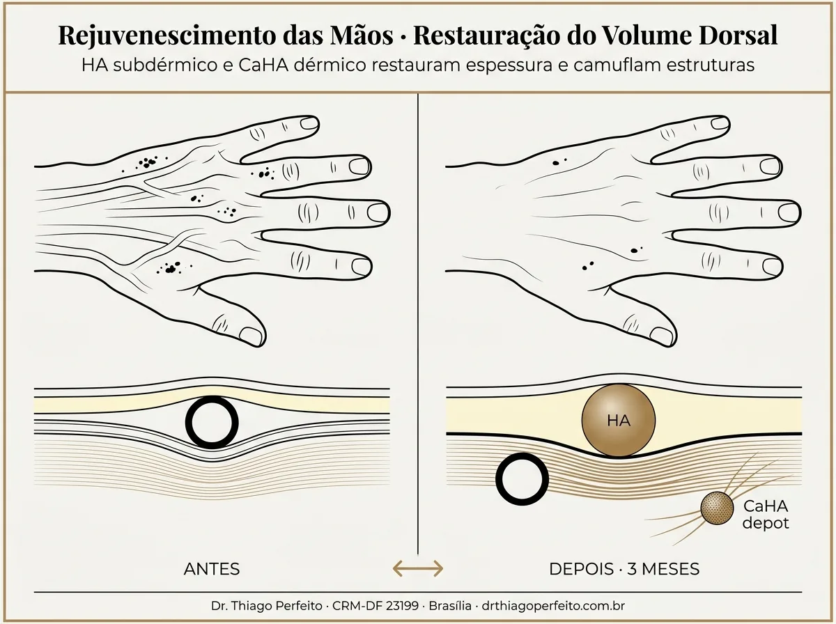 Antes e depois — resultado típico de Rejuvenescimento das Mãos