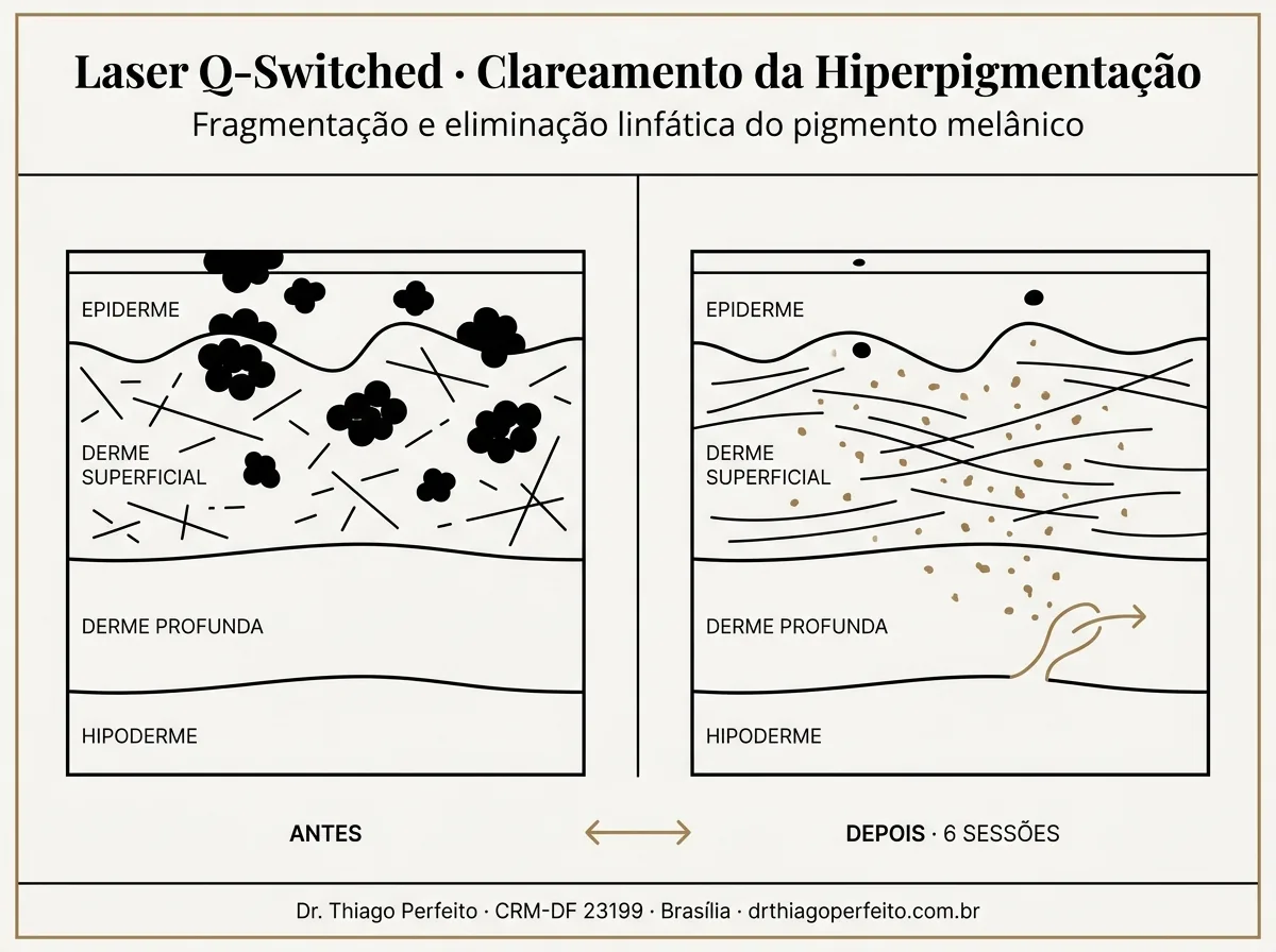 Antes e depois — resultado típico de Laser Q-Plus (despigmentação)