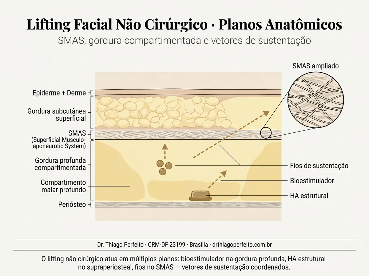 Diagrama anatômico de Comparativo mini-lifting vs lifting facial tradicional — mecanismo de ação. Ilustração didática, Dr. Thiago Perfeito, CRM-DF 23199.
