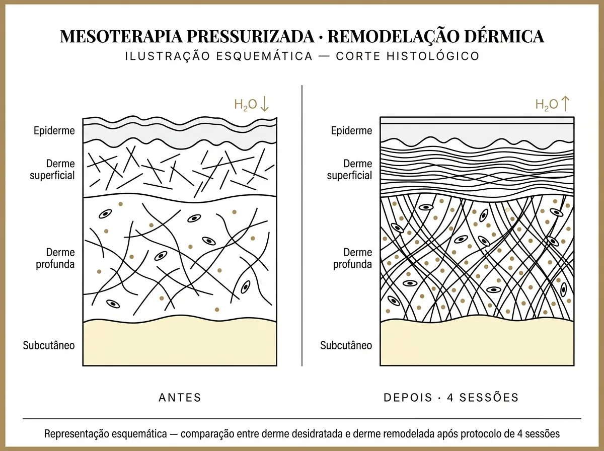 Antes e depois — resultado típico de Mesoject Gun (mesoterapia pressurizada)