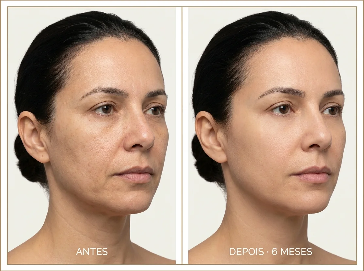 Antes e depois ilustrativo — resultado típico de protocolo Morpheus8 em 6 meses