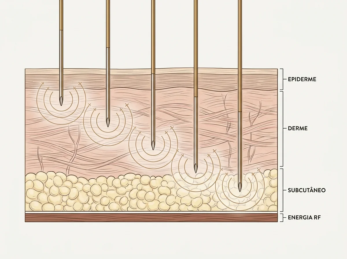 Diagrama anatômico — Morpheus8: agulhas banhadas a ouro entregando RF até 4 mm na pele facial