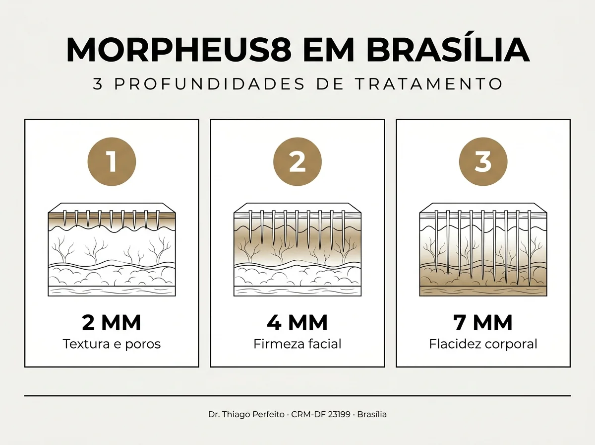 Infográfico — 3 profundidades do Morpheus8: 2 mm (textura), 4 mm (firmeza facial), 7 mm (flacidez corporal)
