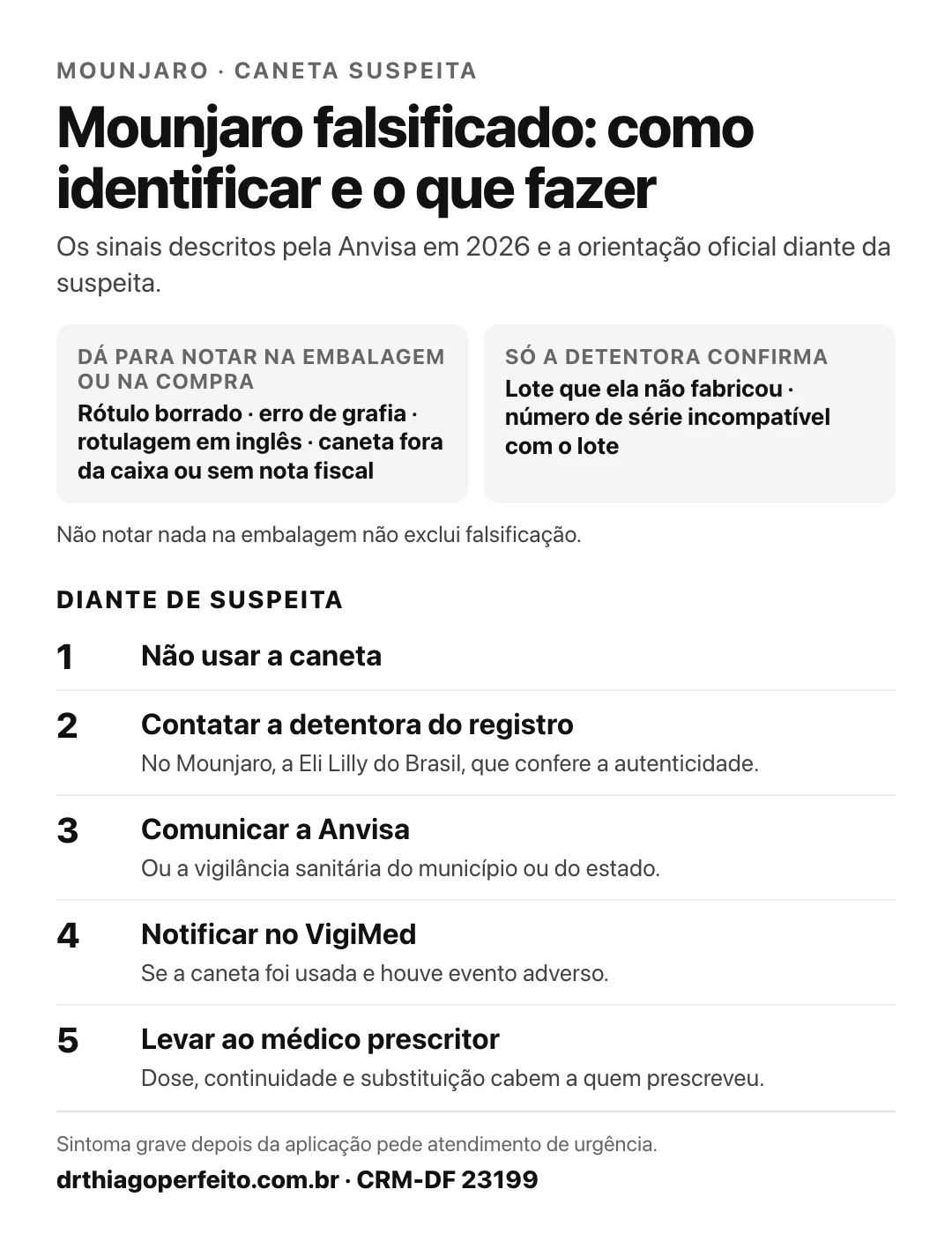 Mounjaro falsificado: como identificar — sinais na embalagem (rótulo borrado, erro de grafia, rotulagem em inglês), sinais que só a detentora confirma (lote, número de série) e os 5 passos diante de caneta suspeita segundo a Anvisa
