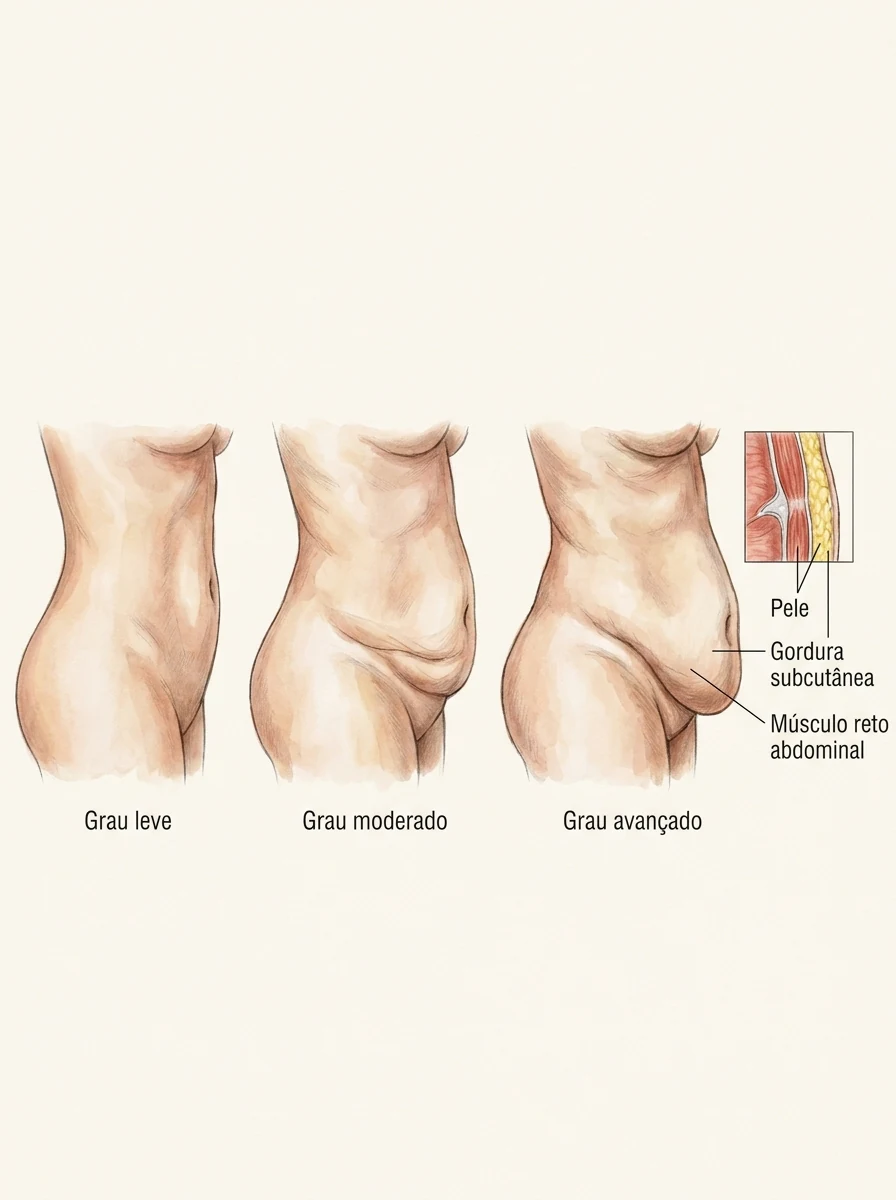 Diagrama dos graus de excesso de pele no abdome após emagrecimento — leve, moderado e avançado. Ilustração didática, Dr. Thiago Perfeito, CRM-DF 23199.