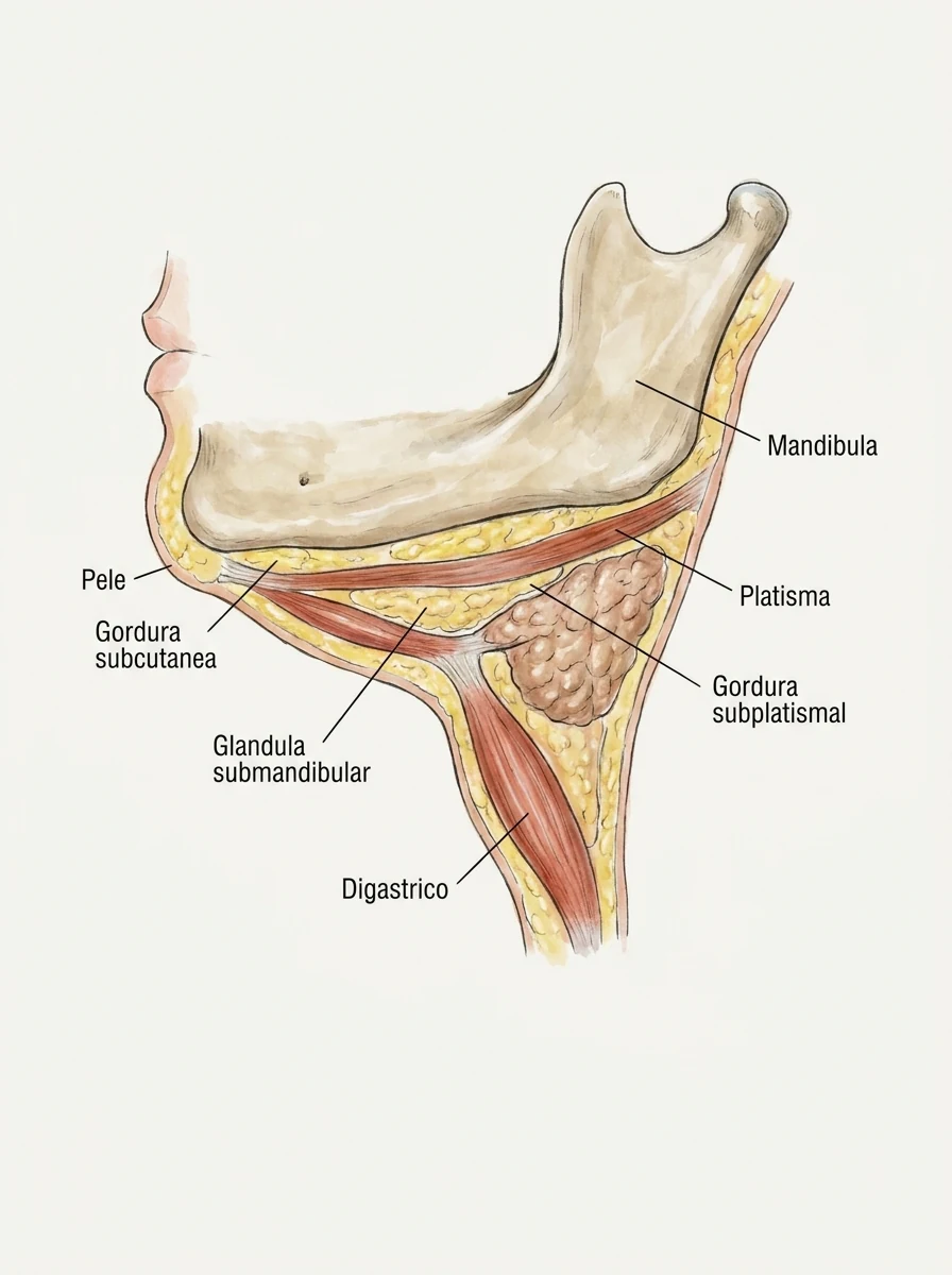 Diagrama das camadas do pescoço e da papada — pele, gordura subcutânea, platisma, gordura subplatismal e glândula submandibular. Ilustração didática, Dr. Thiago Perfeito, CRM-DF 23199.