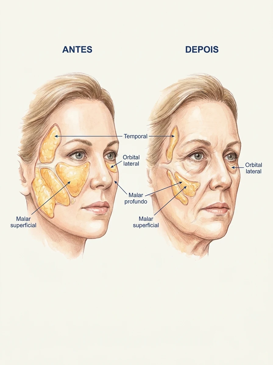 Diagrama dos compartimentos de gordura facial antes e depois do emagrecimento — temporal, malar profundo, malar superficial e orbital lateral. Ilustração didática, Dr. Thiago Perfeito, CRM-DF 23199.
