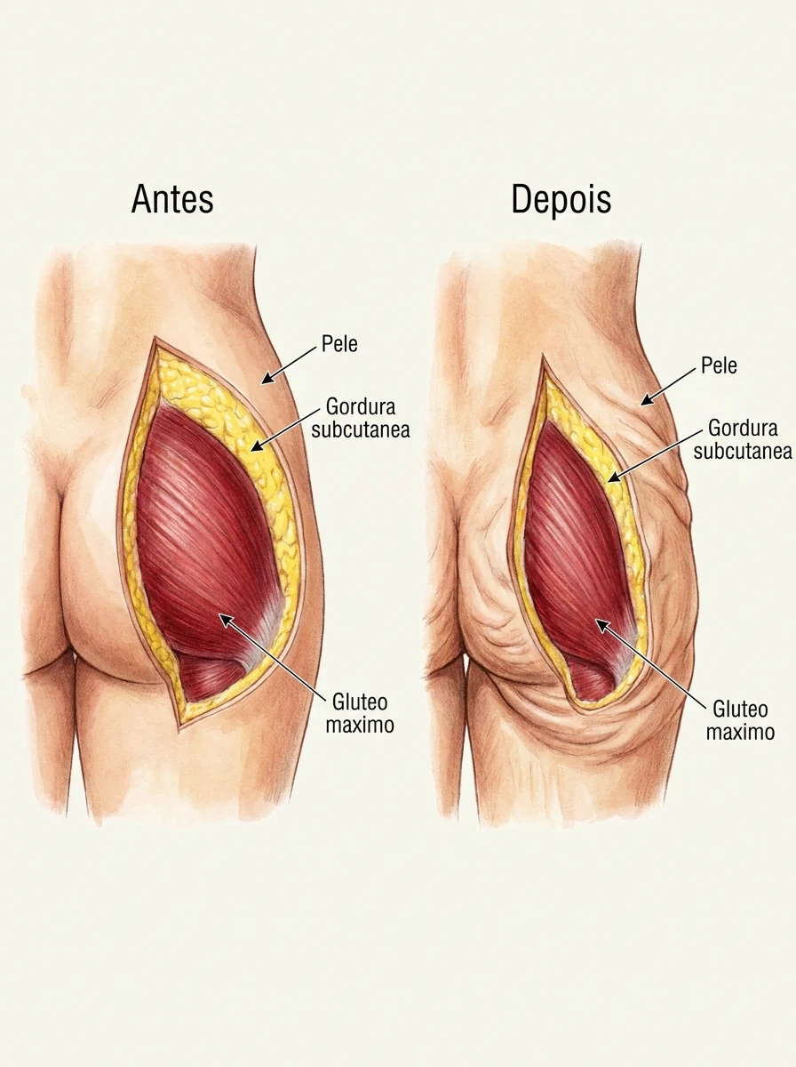 Diagrama do glúteo antes e depois do emagrecimento — pele, gordura subcutânea e glúteo máximo. Ilustração didática, Dr. Thiago Perfeito, CRM-DF 23199.