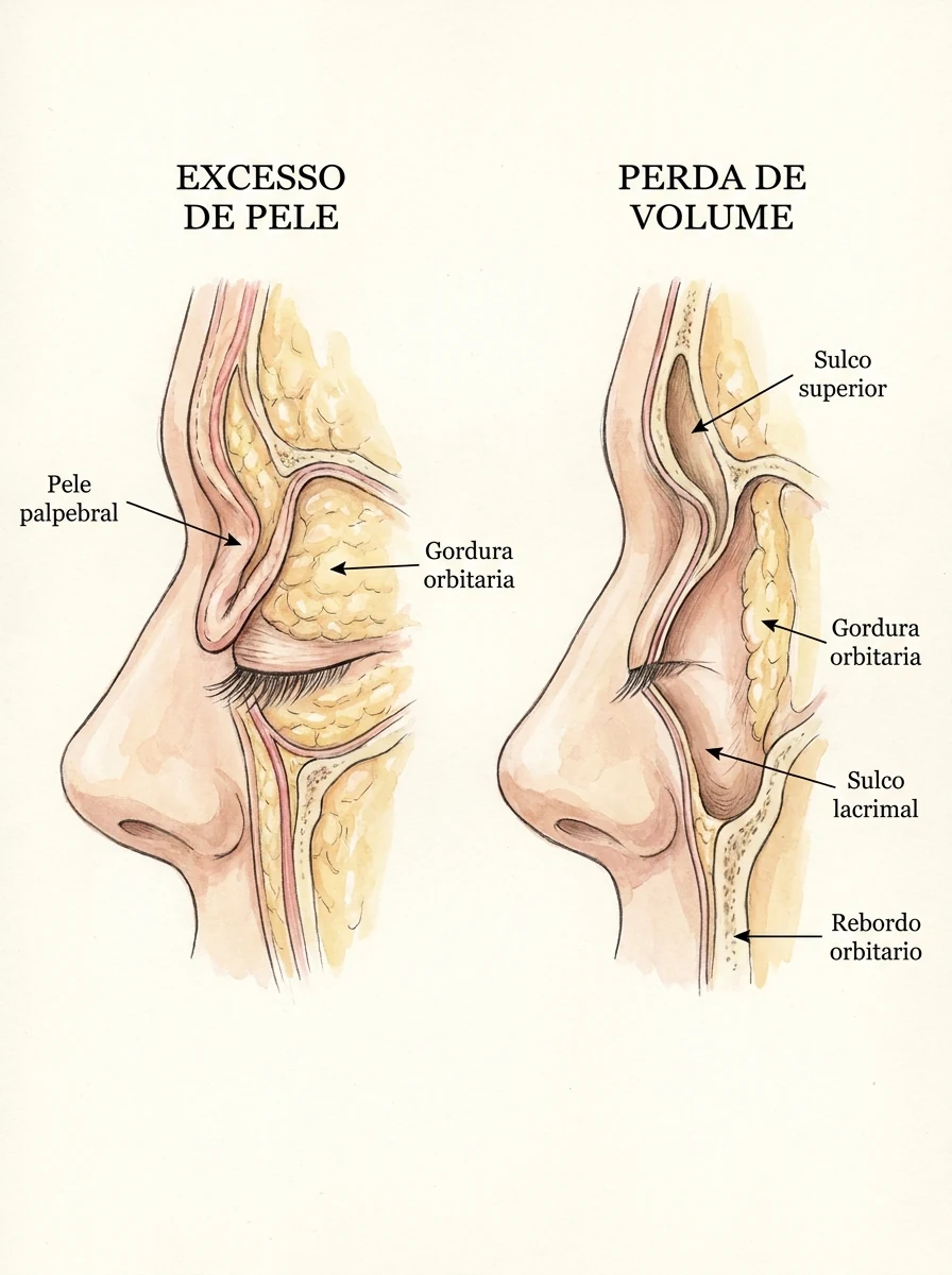 Diagrama comparando excesso de pele palpebral e perda de volume orbitário — sulco superior e sulco lacrimal. Ilustração didática, Dr. Thiago Perfeito, CRM-DF 23199.