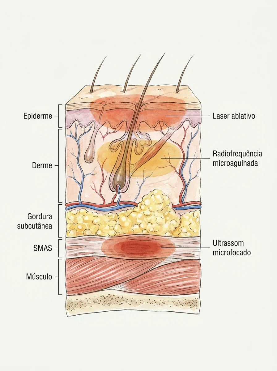 Diagrama das profundidades de atuação na pele — laser ablativo na epiderme, radiofrequência microagulhada na derme e ultrassom microfocado no SMAS. Ilustração didática, Dr. Thiago Perfeito, CRM-DF 23199.