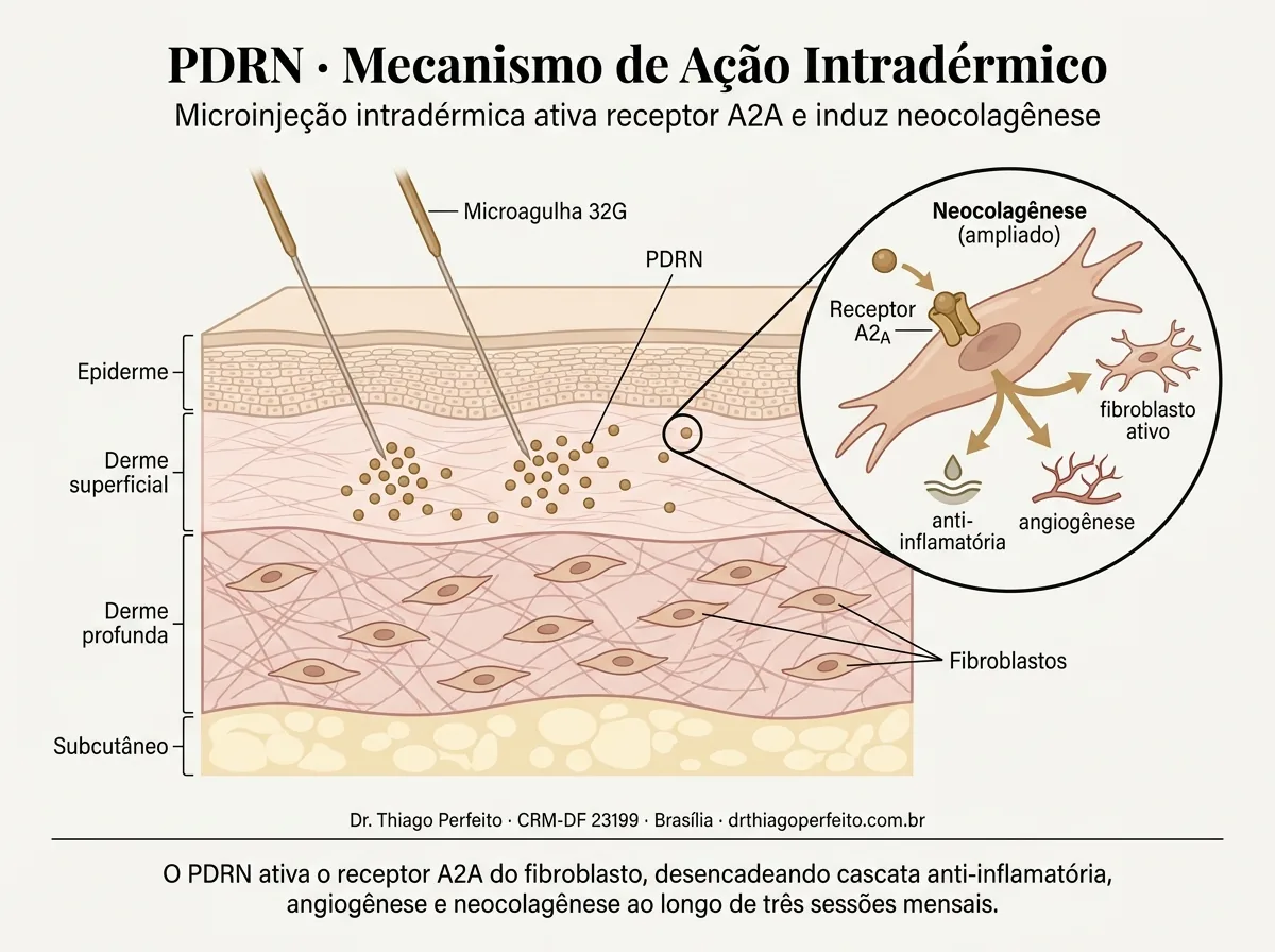 Diagrama anatômico de Medicina regenerativa estética — mecanismo de ação. Ilustração didática, Dr. Thiago Perfeito, CRM-DF 23199.