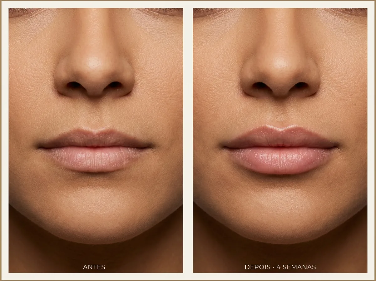 Antes e depois — resultado típico de Preenchimento Labial