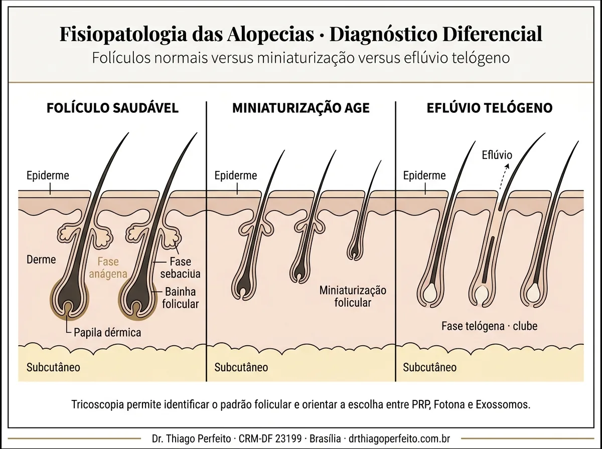 Fisiopatologia das alopecias — folículo saudável, miniaturização androgenética e eflúvio telógeno