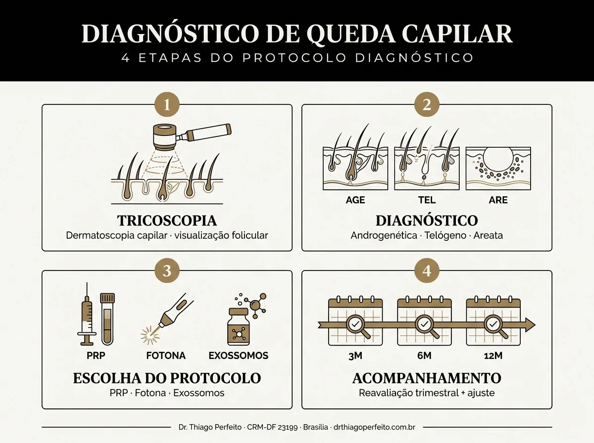 Infográfico das etapas do tratamento Tratamento capilar na menopausa — protocolo Dr. Thiago Perfeito, CRM-DF 23199, Brasília.
